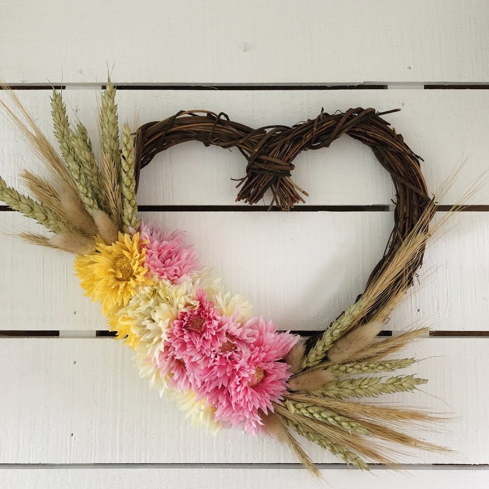 Spring front door wreath. Grapevine heart.